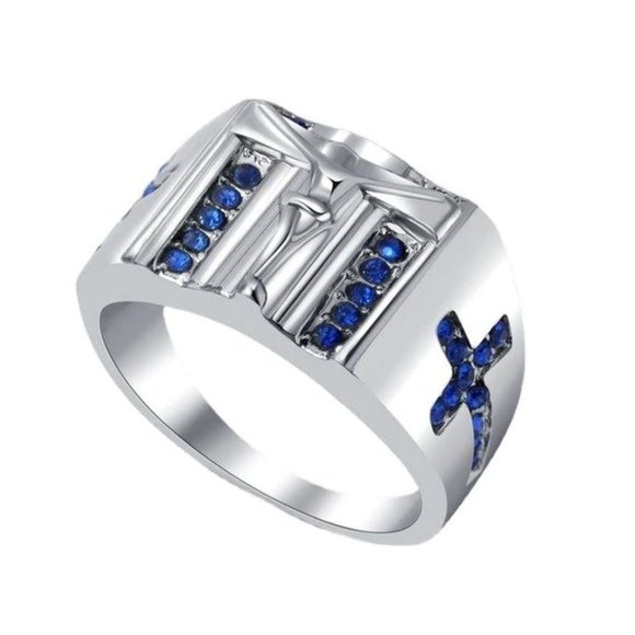 My Bead Emporium Other - Silver cross ring with blue accent stones.